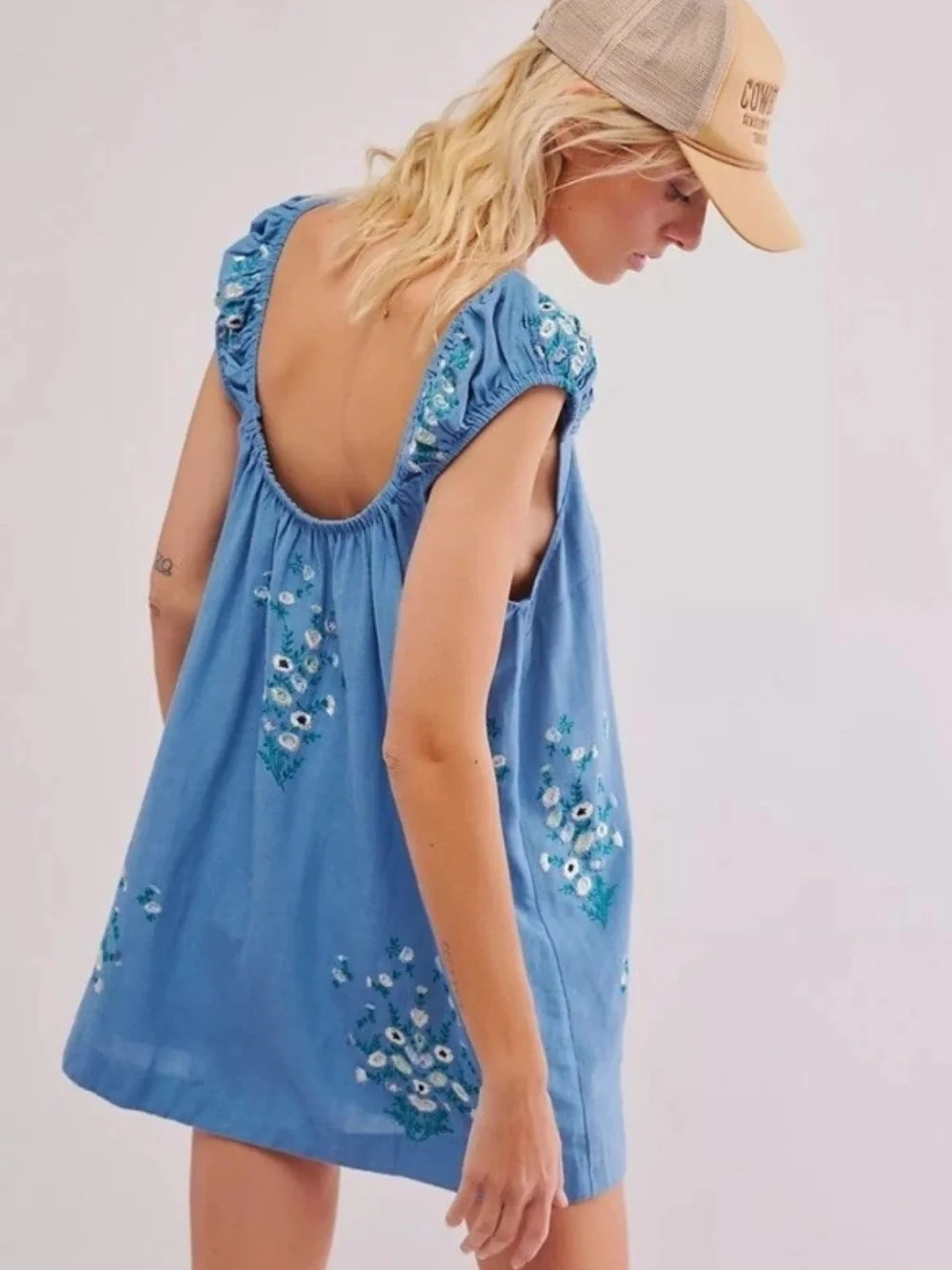 Free People Blue Embroidered Mini Dress